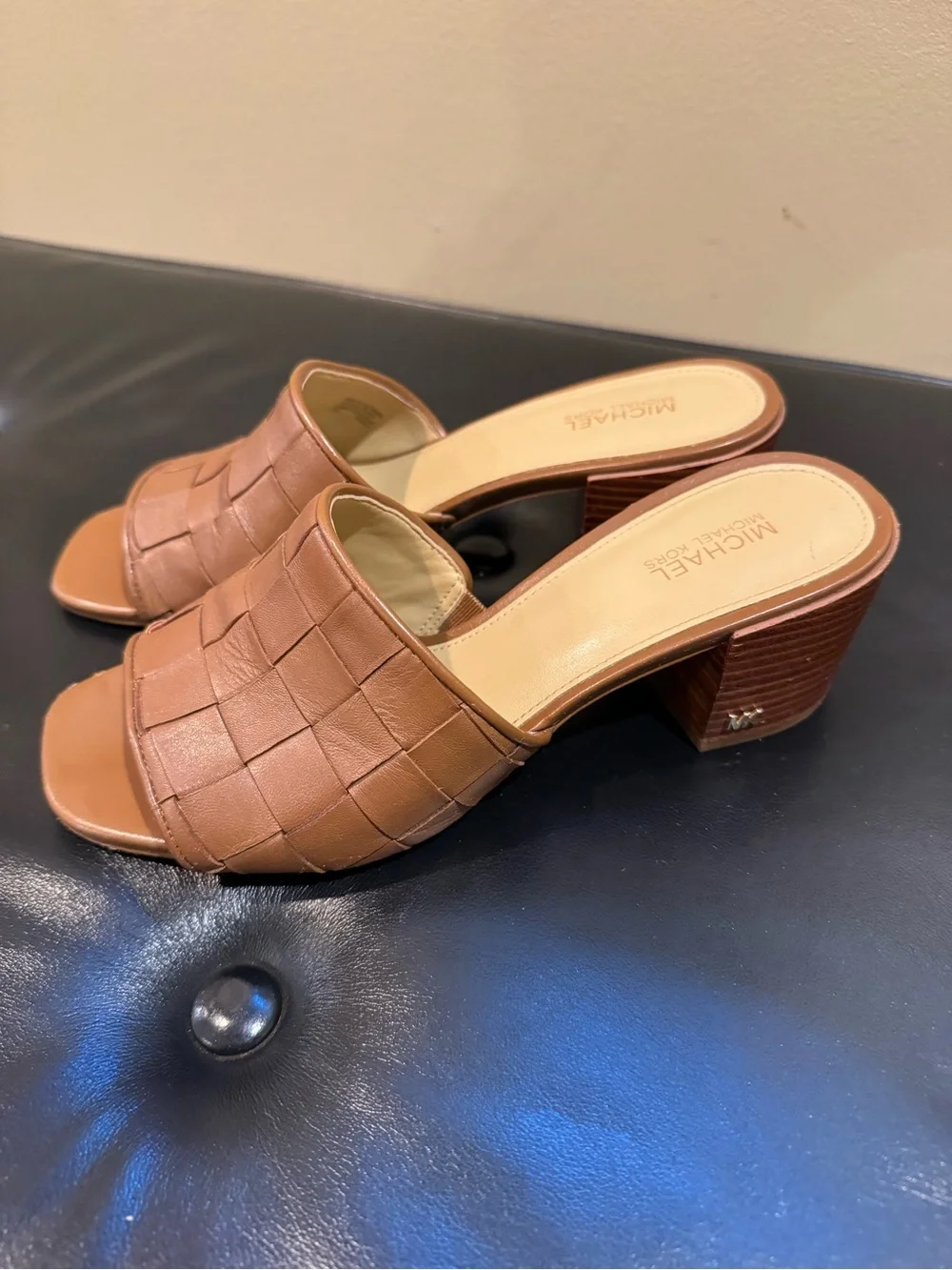 Michael Kors Cognac Woven Leather Block Heel Mules